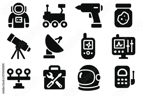 Exploration Equipment Icons. Solid style icons of exploration equipment: space suit, rover, drill, sample container, telescope,
