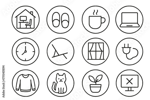 Remote Work Essentials. Line style round icons of remote balance: home office, slippers, coffee, laptop; clock zone, garden chair,