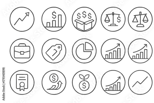 Investing Icons Overview. Line style round icons of investing basics: stock arrow, dollar graph, mutual fund, risk scale;