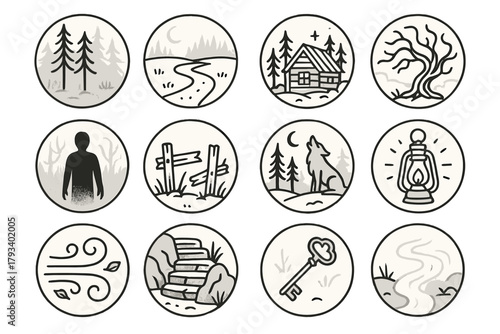 Mysterious Forest Path. Line style round icons of mysterious landscapes: foggy forest, lone path, cabin, twisted tree; shadow