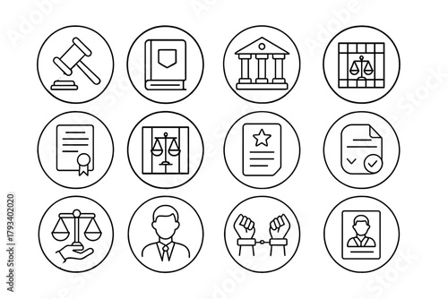 Legal Icon Set. Line style round icons of legal punishment: gavel, law book, courthouse, prison; sentence paper, barred scale,