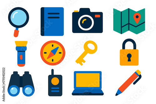 Mystery Tools Icons. Flat vector icons of Mystery Investigation Tools: Magnifying Glass, Notebook, Camera, Map, Flashlight,