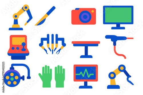 Surgical Robot Icons. Flat vector icons of Surgical Robots: Robotic Arm, Scalpel, Camera, Monitor, Control Console, Surgical Tool,