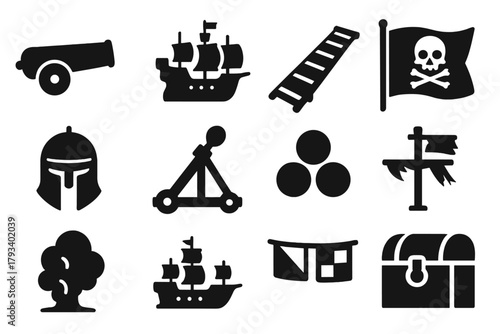 Naval Battle Icons. Solid style icons of naval battles: cannon, warship, boarding plank, flag, armor helmet, catapult, cannonball,