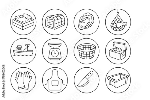 Seafood Harvest Icons. Line style round icons of seafood harvest: fish crate, lobster trap, oyster, shrimp net; boat deck, scale,