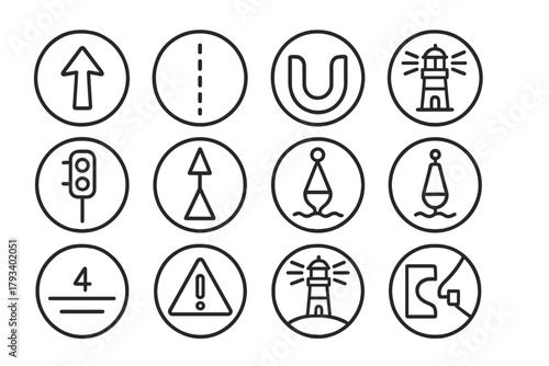 Sea Navigation Icons. Line style round icons of sea route guidance: course arrow, lane line, entry channel, lead light; port