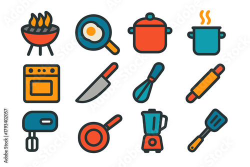 Modern Cooking Icons. Flat vector icons of Cooking Techniques: Grill, Pan, Pot, Steam, Oven, Knife, Whisk, Rolling Pin, Mixer,