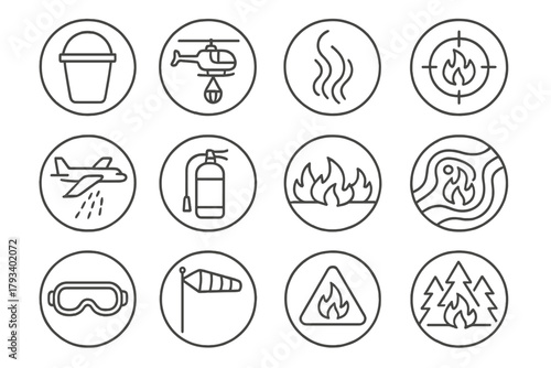 Firefighting Air Support Icons. Line style round icons of firefighting air support: water bucket, helicopter, smoke trail, target