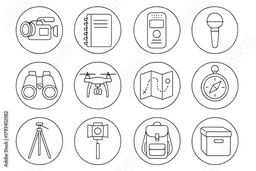 Documentary Tools Icons. Line style round icons of documentary tools: handheld camera, notebook, voice recorder, microphone;