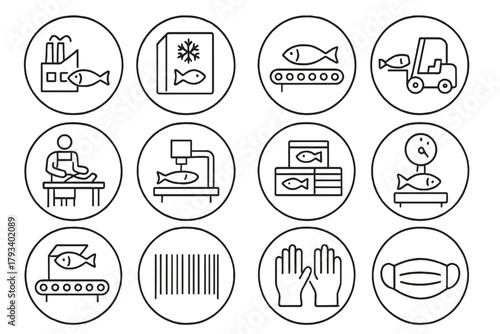 Fishing Industry Icons. Line style round icons of fishing industry: factory, cold storage, conveyor, forklift; processing table,