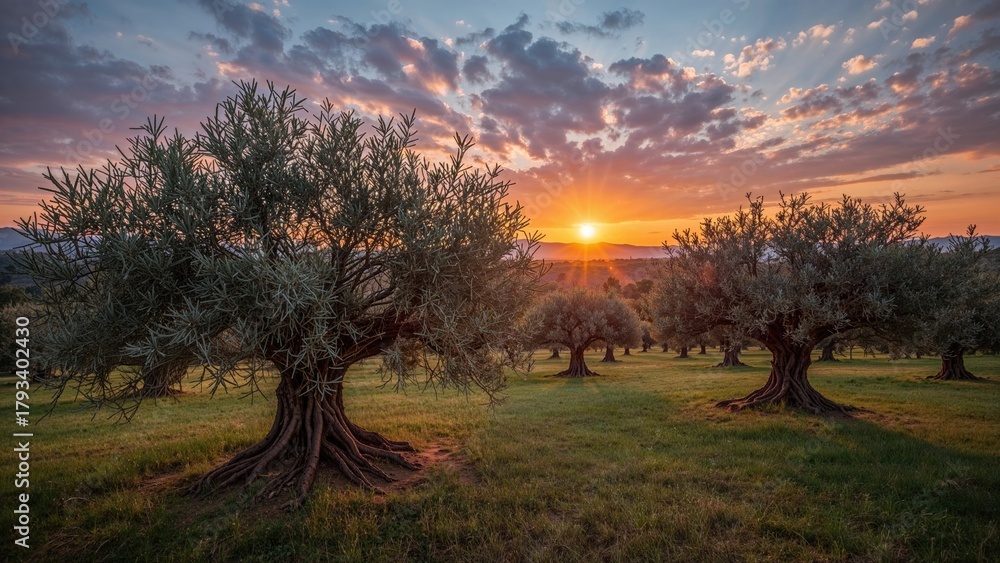 Fototapeta premium Sunset over an olive grove with trees and a vibrant sky at dusk.