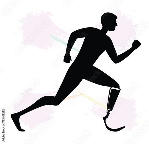 Silhouette of determined runner with prosthetic leg against colorful abstract background vector illustration