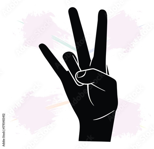 Silhouette of hand gesturing number three with two fingers and a pink background