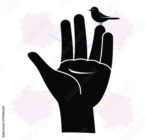 Graphic Hand with Small Bird Icon: Stylized Silhouette Vector Art