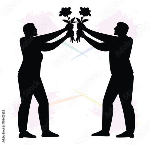 Silhouette of two figures in suits exchanging flowers in a symbolic gesture of connection