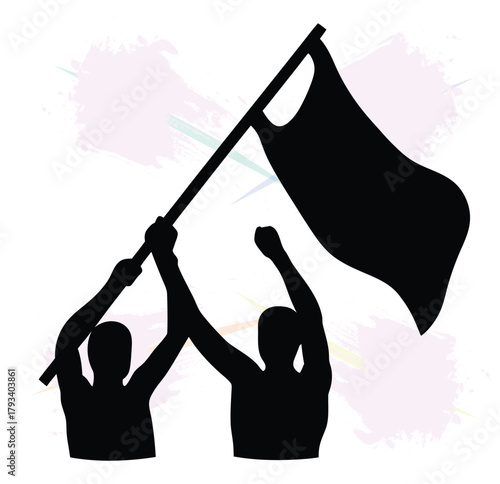 Graphic Silhouette of People Raising a Flag in Protest and Victory Celebration