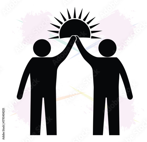 Teamwork and achievement illustrated with stick figures raising a sun icon together in collaboration graphic design