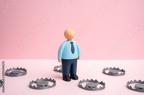 An office worker navigates a series of traps. An unfavorable contract. Harsh employment terms with fines and penalties. Exploitative labor conditions and workplace risks. Corporate ethics