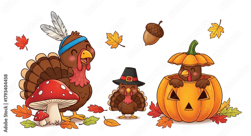 Naklejka premium Cartoon illustration of turkey characters with mushroom, pumpkin, acorn, and autumn leaves, representative of Thanksgiving and Halloween celebrations