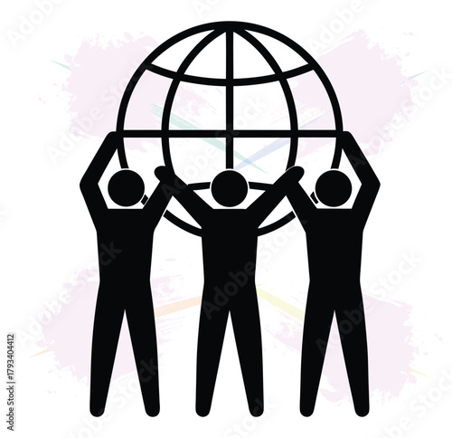 Teamwork and Globalization Concept People Lifting Globe Together Silhouette Graphic Illustration