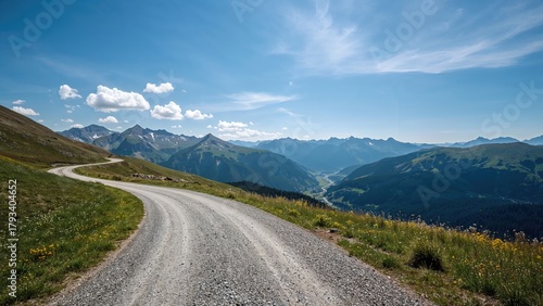 Remote mountain landscape with winding dirt road through green hills and distant peaks under a blue sky.