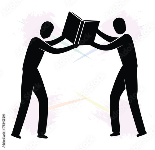 Two figures sharing a large book in an abstract illustration discussing knowledge and learning