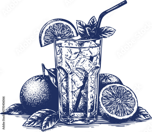 Hand Drawn Refreshing Orange Drink with Citrus Fruits and Mint Leaves beverage cocktail