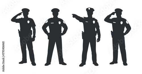 Illustration of Police Officer Silhouettes in Various Poses in Black and White Vector Image
