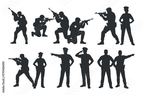 Vector Illustration of Silhouettes of Soldiers and Police Officers Posing with Weapons