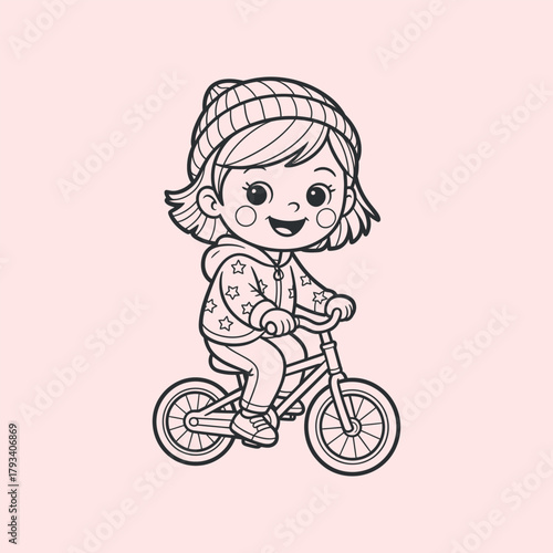 Girl riding bicycle cartoon line art vector illustration with winter hat isolated on pink background schoolkid biking happy minimal design 180c