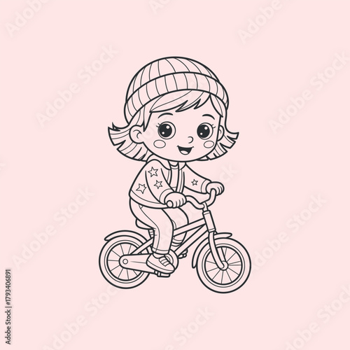 Girl riding bicycle cartoon line art vector illustration with beanie isolated on pink background simple minimal design vector schoolkid biking 180c