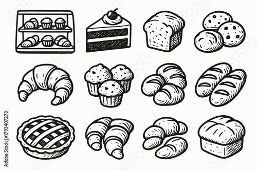 Bread bakery rolls set vector assorted slice icon cake croissants goods muffins