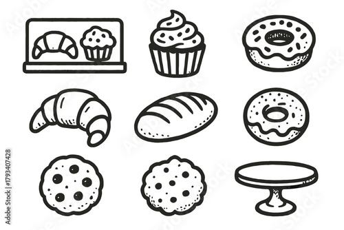 Plate donut tart cupcake icon bakery bread serving morning vector sweet set