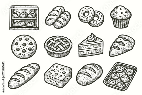 Cake muffins cookies rolls set pie bakery vector slice donuts icon