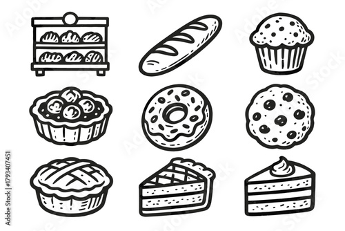 Baguette set bakery lineup icon vector pastry slice cookie pie icons donut