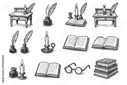 Study vintage setup vector inkwell pen icons candle open spectacles icon