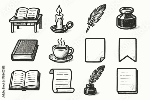 Cup ink quill literary book icons paper vector icon workspace bookmark