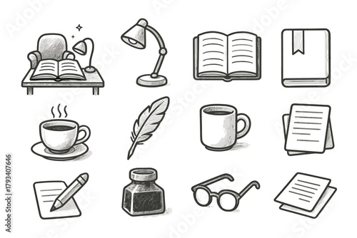 Study tea icons pages ink papers cup bottle cozy vector icon