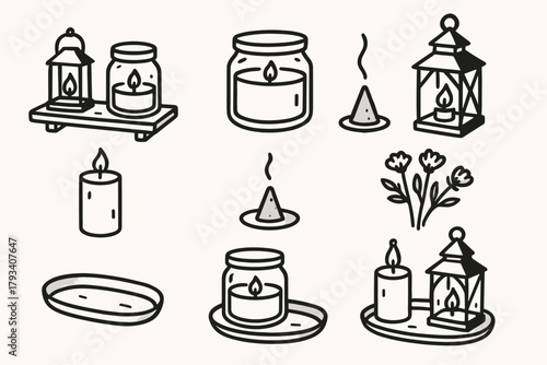 Vector candle tray cozy icon icons pillar light glass setup flowers incense