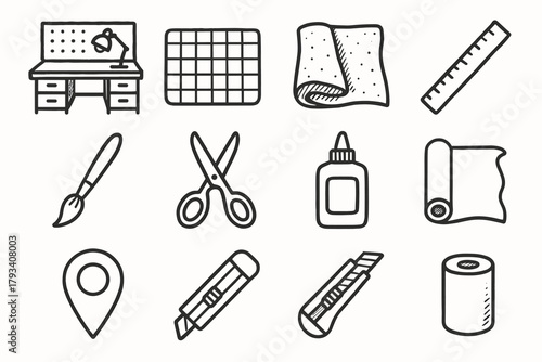 Workspace fabric glue paper artisan brush mat icons bench icon craft cutting