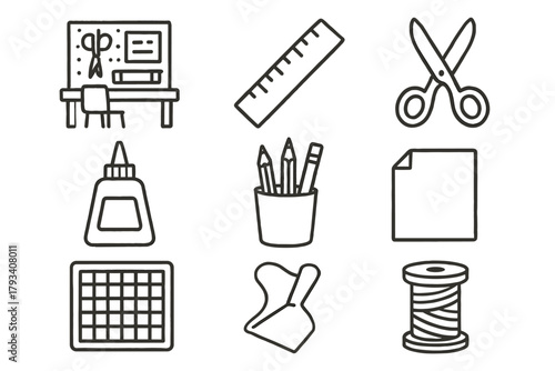 Ruler spool glue workspace vector scissors bottle icons arrangement icon craft bench