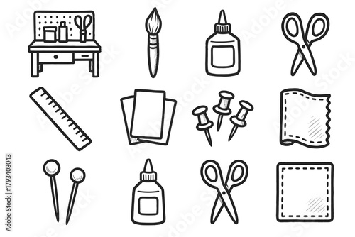Paper piece craft pins scissors vector creative bench paintbrush icon glue fabric