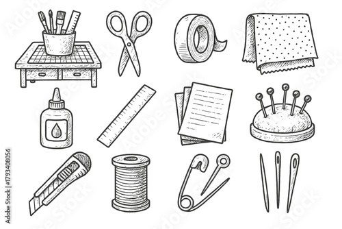 Roll tools craft vector pins scissors bench ruler workspace glue tape icons