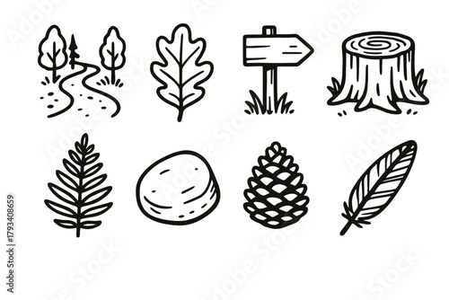 Stone icon leaf sign vector nature set stump walk pinecone feather tree