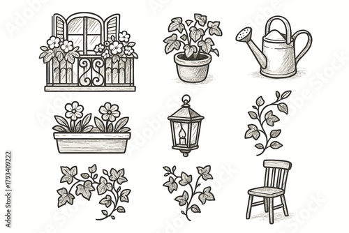 Watering vector chair box icons balcony floral garden vine lantern ivy icon