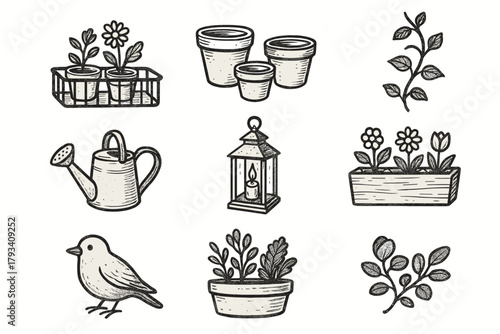 Pots watering box vector lantern balcony can candle garden icons scene icon