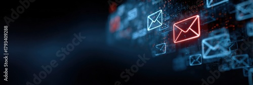 Digital email communication concept with glowing envelopes in dark space