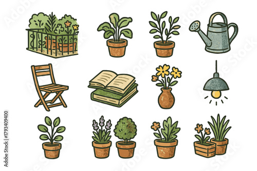 Can flower icons garden hanging charming vector watering icon lamp green plants