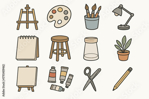 Atelier icons plant easel color icon rug palette jar vector home stool