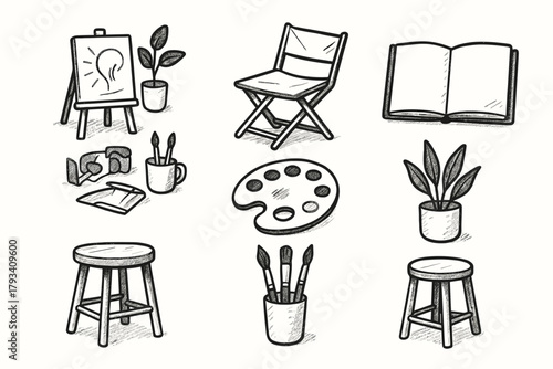Chair corner home setup vector mood plant brushes atelier sketchbook palette folded